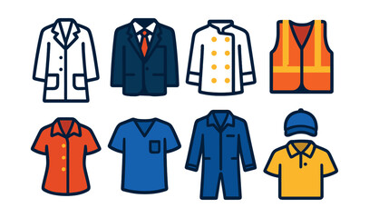 Flat vector icons of uniforms and workwear: lab coat, business suit, chef jacket, construction vest, office blouse, scrubs, mechanic jumpsuit, delivery uniform.