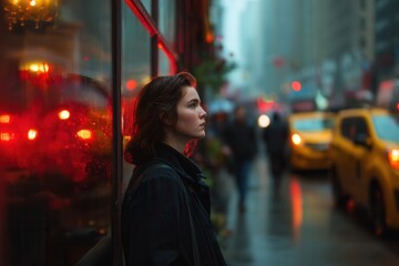 A young woman stands pensively on a rainy city street, framed by glowing red neon reflections and soft light. Ideal for cinematic stories, emotions, and urban lifestyle themes
