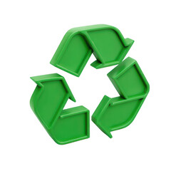 3D render of a green recycling symbol on a white background, png, transparent