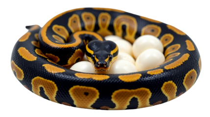 Ball python coils protectively around her eggs with striking black and gold patterns present in a natural habitat