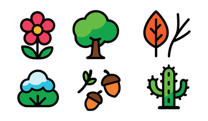 Fototapeta premium Flat vector icons of seasonal plant symbols: blooming flower for spring, lush tree for summer, colored leaf for autumn, bare branch for winter, snow-dusted bush, autumn acorns, spring buds, summer