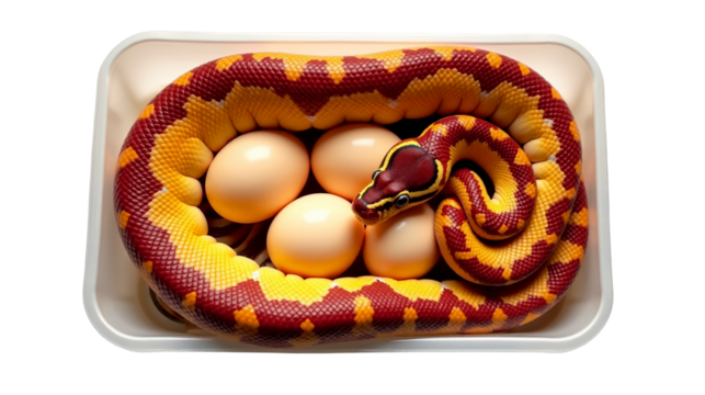 Corn snake coils around vibrant eggs in plastic nesting box, showcasing stunning orange and red scales