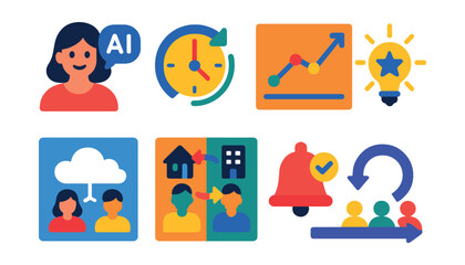 Fototapeta premium Flat vector icons of innovation and trends in project management: AI project assistant, real-time updates icon, trend graph, innovation spark badge, remote collaboration cloud, hybrid workflow icon,