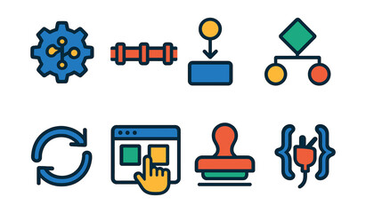Flat vector icons of workflow automation and systems: workflow automation gear, process pipeline icon, trigger-action flowchart, conditional logic path, automated approval stamp, recurring workflow