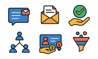 Flat vector icons of outreach and connection building: cold outreach message, follow-up email icon, mutual interest checkmark, connection request hand, open network symbol, conversation starter card,