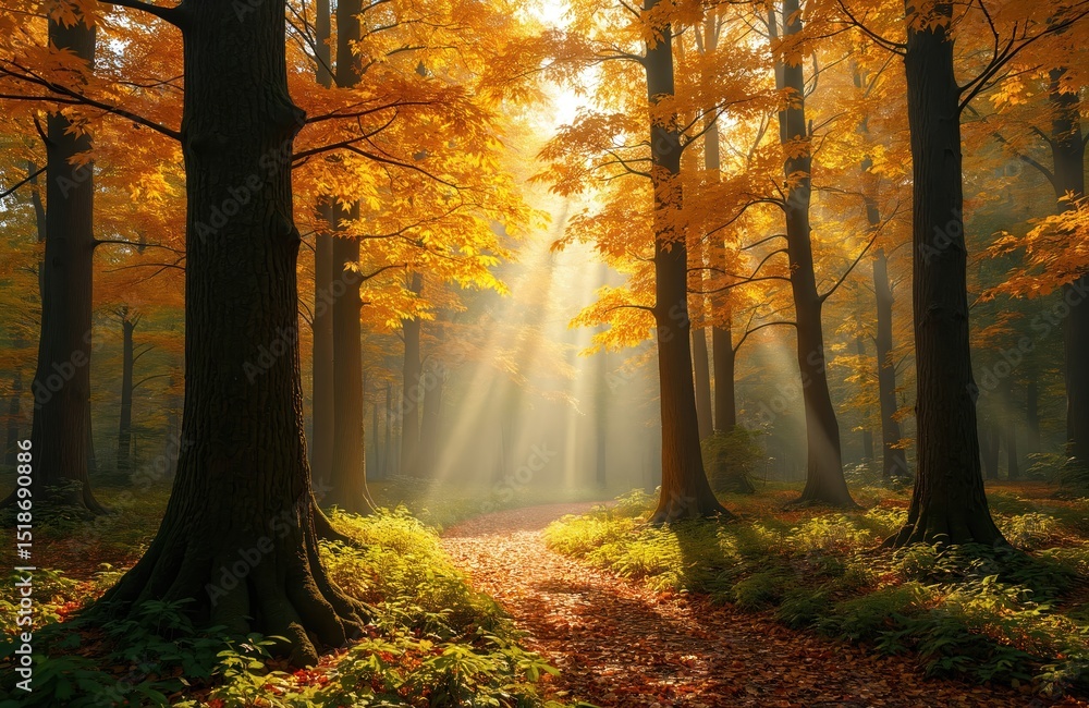 Poster golden autumn forest scene la fageda d en jorda forest. sunlight streams through trees, illuminating