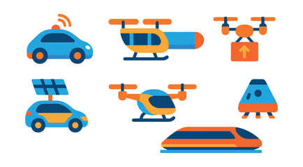 Naklejka premium Flat vector icons of futuristic transport: autonomous car, flying taxi, hyperloop pod, drone delivery, electric air taxi, solar-powered vehicle, magnetic train, space capsule.