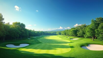 Scenic golf course with manicured greens and fairways. Trees surround the course under clear blue sky. Sunny day, perfect for sport hobby. Mountains at background.