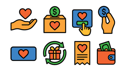 Flat vector icons of donations and giving: hand with heart, donation box, online donation icon, coin drop, donate button, recurring gift, giving receipt, charity wallet.