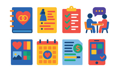 Flat vector icons of wedding planning and organizers: wedding planner notebook, bridal timeline, checklist icon, vendor meeting, moodboard, planning calendar, budget tracker, planning app.