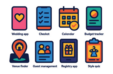 Flat vector icons of wedding apps and planning tools: wedding app icon, mobile checklist, planning calendar, budget tracker screen, venue finder, guest management, registry app, style quiz.