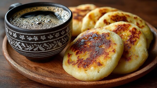 Delightful Colombian Independence Day Breakfast: Golden Arepas, Rich Coffee, and Festive Celebration. Perfect for menus, blogs, travel guides, and food publications showcasing     