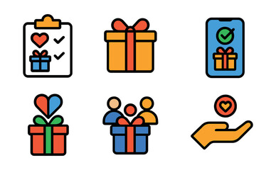 Flat vector icons of gifts and registries: wedding registry icon, wrapped gift box, couple wish list, online registry app, thank you card, wedding favor icon, group gift, donation in lieu.