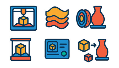 Flat vector icons of 3D printing and prototyping: 3D printer machine, sliced model layer icon, PLA filament spool, print-ready object, physical prototype display, printer status screen, test print