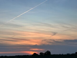 Orange sunset over meadows and trees 
