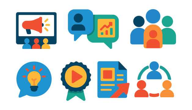 Flat vector icons of community and knowledge sharing: digital marketing forum icon, peer advice bubble, marketing webinar screen, professional group icon, shared insight icon, online event badge,