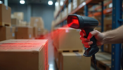 Worker scans barcodes on cardboard boxes in warehouse. Logistics, inventory management, product tracking. Automated sorting, shipping, business, delivery process. Warehouse technology, modern storage