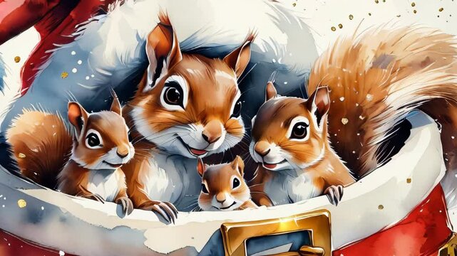 Watercolor video of a family of squirrels wearing Santa Claus hats, celebrating the festive season with joy and warmth, surrounded by winter scenery, snowflakes, and holiday cheer