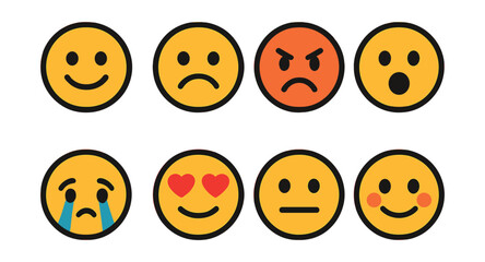 Fototapeta premium Flat vector icons of emotional emojis simplified: smiley face, sad face, angry face, surprised face, crying face, love heart eyes, neutral face, blushing cheeks.