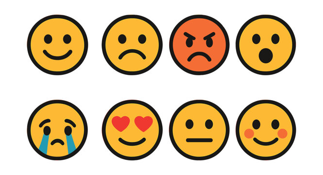 Flat vector icons of emotional emojis simplified: smiley face, sad face, angry face, surprised face, crying face, love heart eyes, neutral face, blushing cheeks.