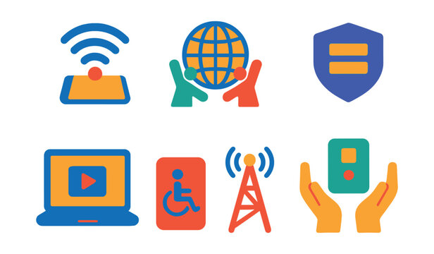 Flat vector icons of digital inclusion and tech for good: digital access icon, inclusive internet symbol, tech equity badge, online learning laptop, rural connectivity tower, accessible device icon,