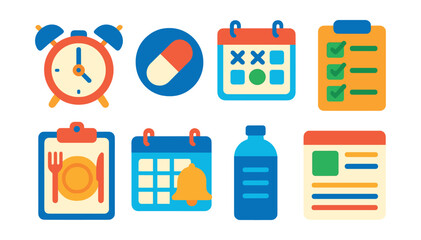 Flat vector icons of daily routines and schedules: wake-up alarm icon, medication time badge, activity calendar, care routine checklist, meal plan icon, appointment reminder, hydration tracker,