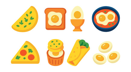 Flat vector icons of egg-based breakfast dishes: omelette with herbs, egg sandwich, boiled egg, shakshuka bowl, frittata slice, egg muffin, egg wrap, deviled eggs.