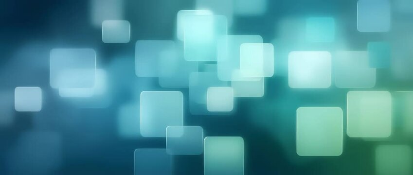 Floating translucent squares drifting in a teal and green bokeh background with slow parallax effect for background or wallpaper