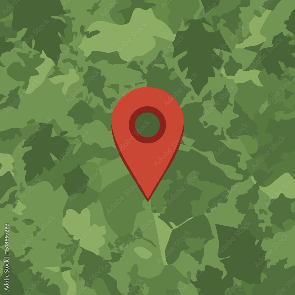 Poster red location pin on a green camouflage pattern background design
