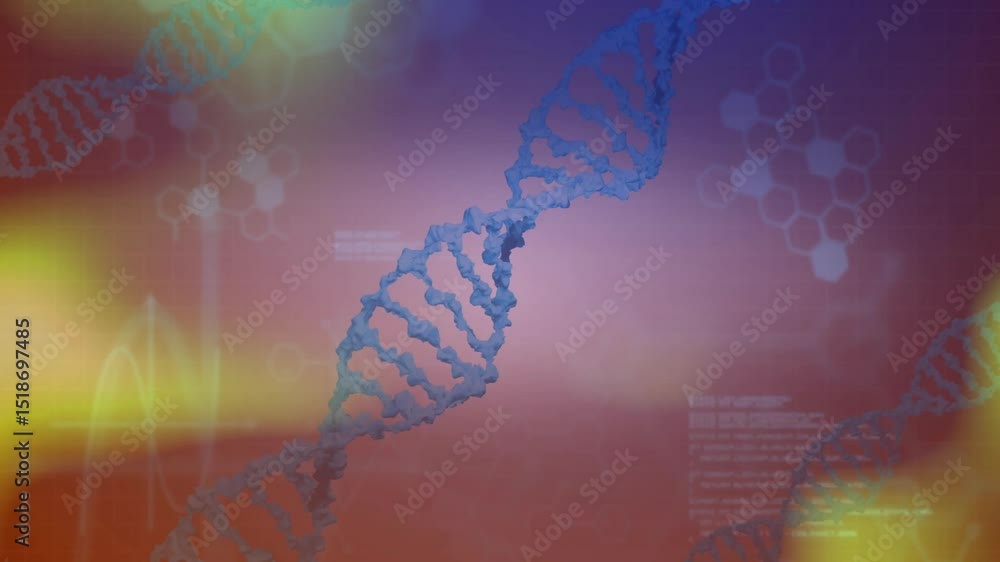 Poster dna helix appearing rotating light blobs drifting overlays fading hexagon pulsing looping animation