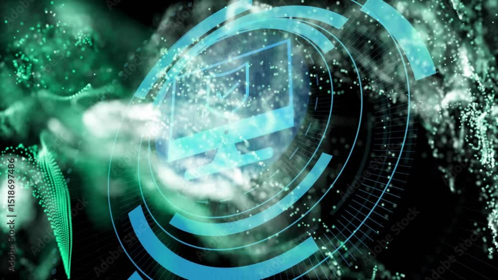 Poster upon start particles flowing and rings rotating around shielded monitor revealing secure interface