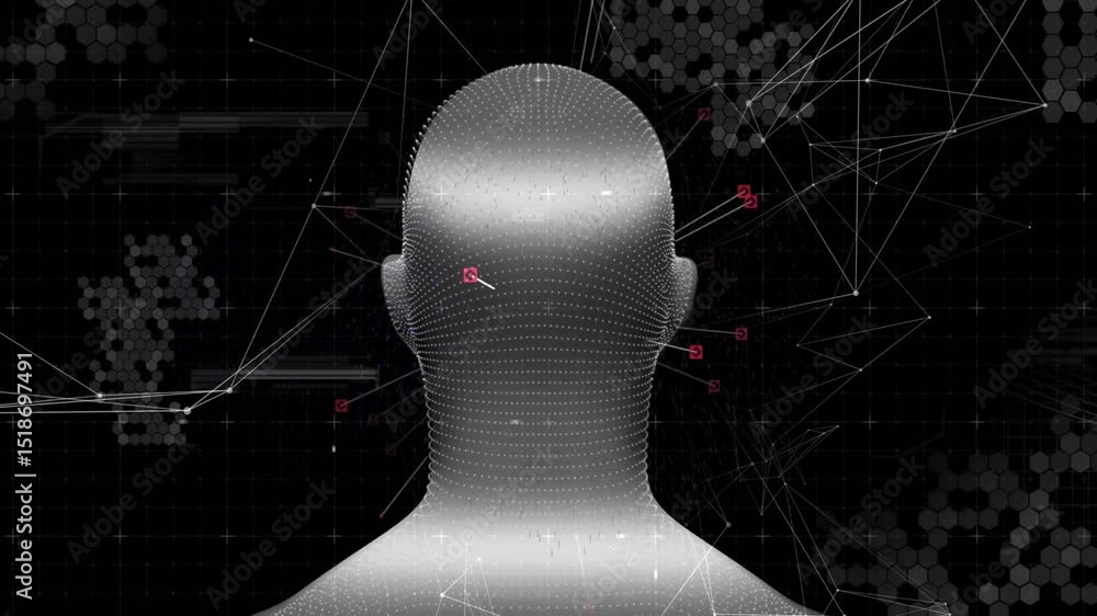 Aufkleber on start glitch sweeping across 3d dot mesh head rotating for digital scanning visualization