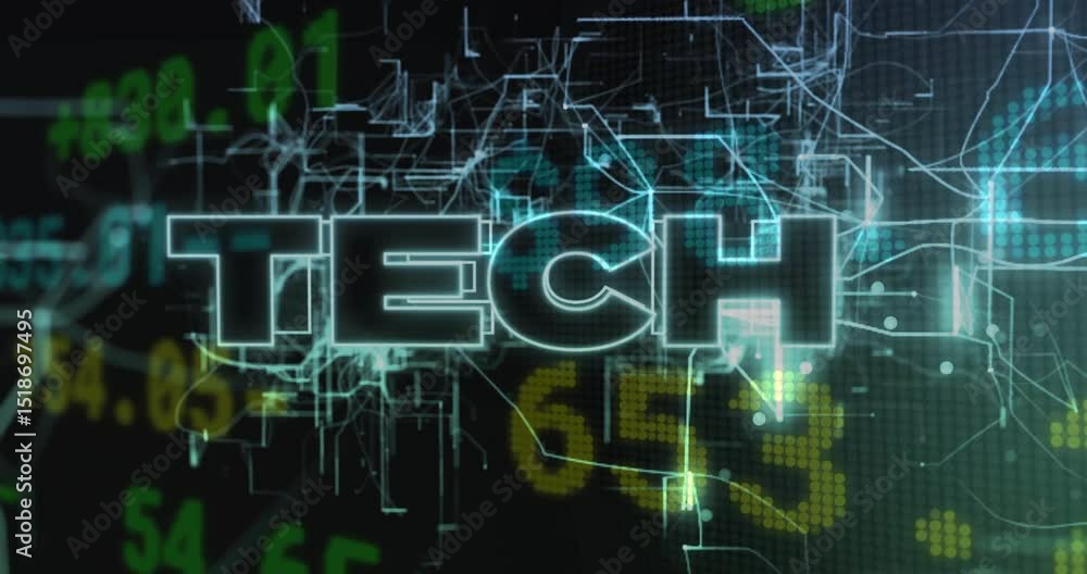 Poster network lines flickering converging on center forming neon tech letters to represent data flow