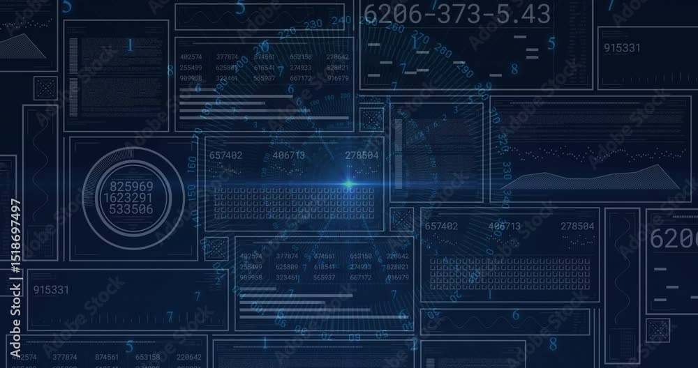 Poster blue glow pulsing hud grid causing panels updating dials rotating codes scrolling displaying data