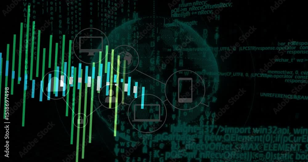 Poster code activating globe rotating, waveform emerging and icons joining visualizing secure data flow