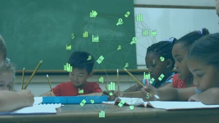 Children writing while teacher leaning and pointing book guiding learning with floating data icons - Powered by Adobe