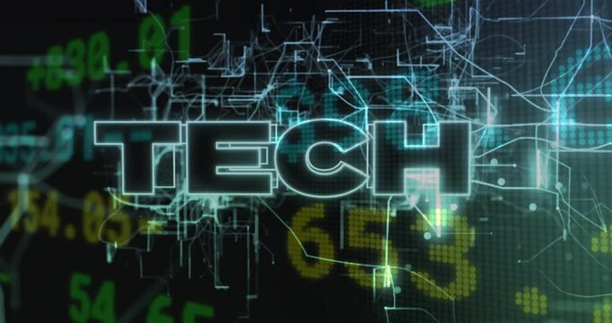Network lines flickering converging on center forming neon TECH letters to represent data flow