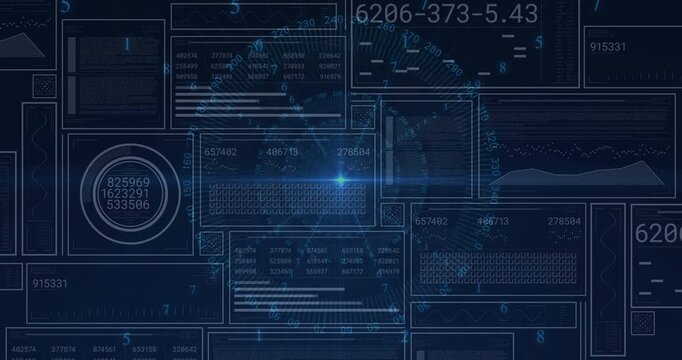 Blue glow pulsing HUD grid causing panels updating dials rotating codes scrolling displaying data