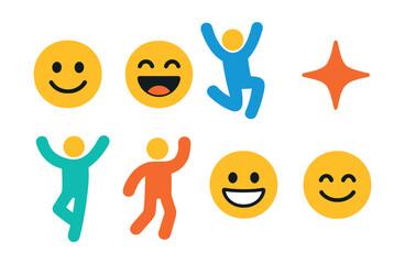Flat vector icons of joyful emotions: smiling face, laughing with closed eyes, joyful jump, excitement spark, happy dance, cheerful wave, grinning expression, satisfied smile.