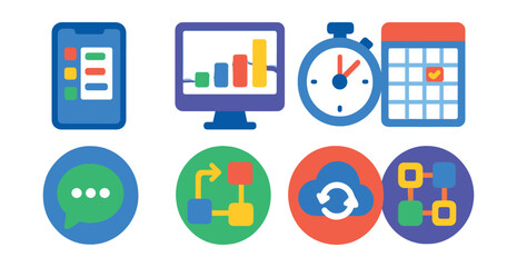 Flat vector icons of project management tools and software: project management app screen, analytics dashboard, time tracking tool, scheduling software, communication platform, workflow automation