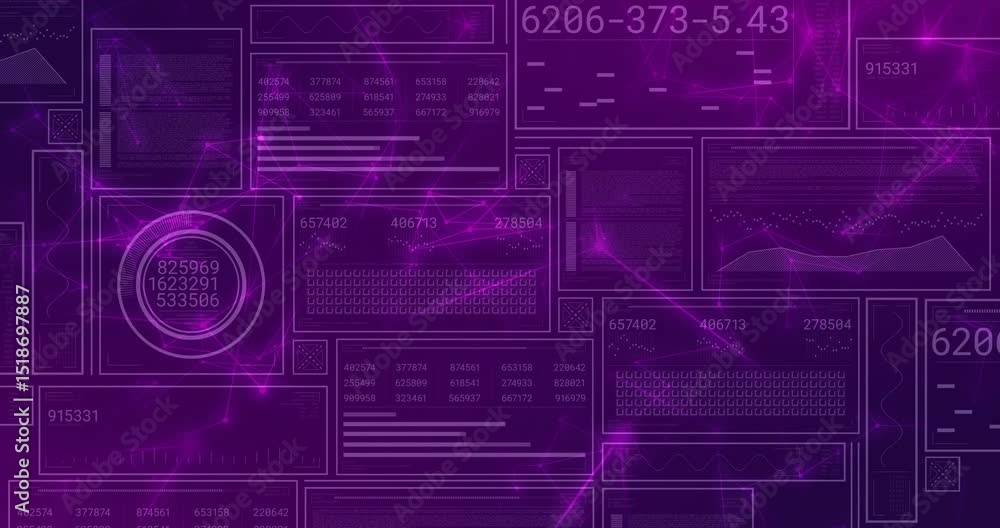 Aufkleber wireframe panels appearing after startup signal, glowing magenta network pulsing and updating data