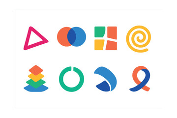 Flat vector icons of abstract geometric shapes: twisted triangle, overlapping circles, fragmented square, spiral coil, stacked shapes, split ring, curved blade, looped ribbon.