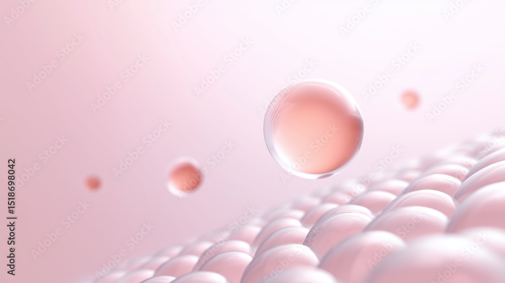Poster abstract illustration of floating translucent spheres in soft pink tones, creating a dreamy atmosphe