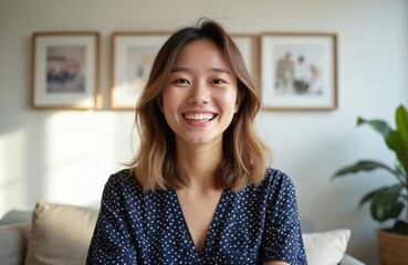 Cheerful Vietnamese woman in headshot smiling. Millennial Asian girl on video call, webinar. Happy female talking during webcam conference virtual event. Smiling face, healthy teeth. Portrait on