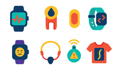 Fototapeta premium Flat vector icons of wearable health sensors: ECG monitor, blood oxygen sensor, skin temperature patch, movement tracker, stress monitor, biofeedback device, fall detector, posture sensor.