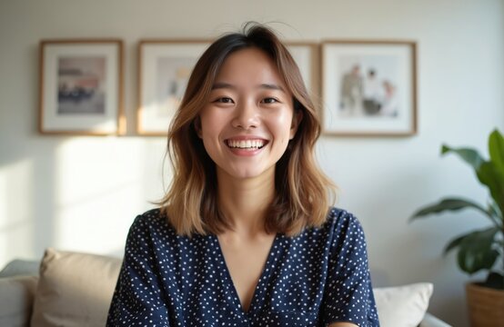 Cheerful Vietnamese woman in headshot smiling. Millennial Asian girl on video call, webinar. Happy female talking during webcam conference virtual event. Smiling face, healthy teeth. Portrait on