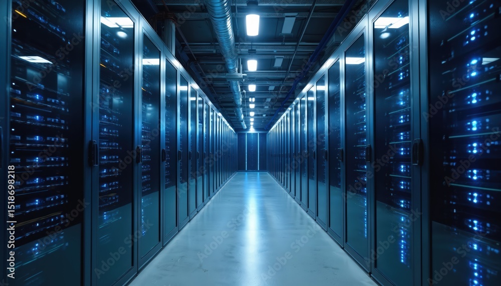 Poster data center with servers, glass windows, and lights. modern information technology building with adv