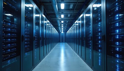 Data center with servers, glass windows, and lights. Modern information technology building with advanced tech. Server room, data storage, data processing, cloud computing, internet.