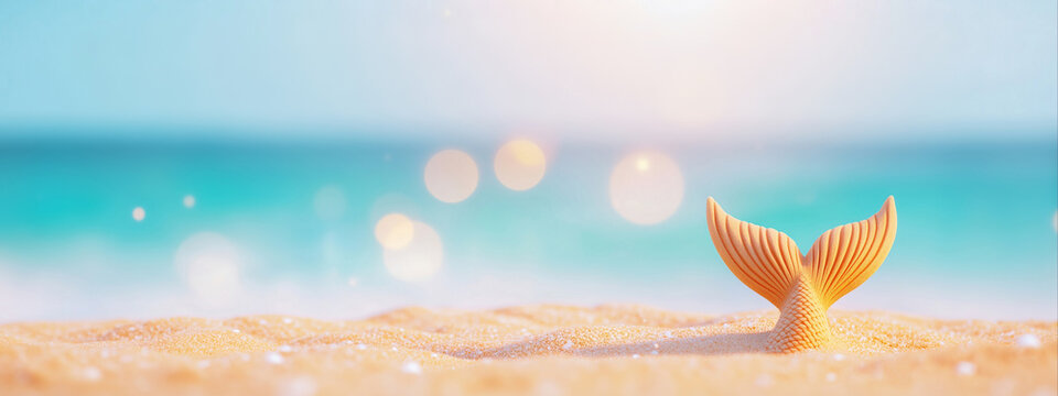 Sand mermaid tail with scales on beach against blurred turquoise ocean background. Summer beach fantasy and mermaid concept. Image for banner, poster, beach advertising with copy space