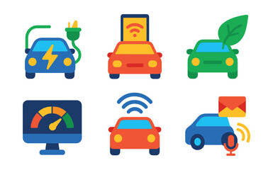 Flat vector icons of automotive trends: electric mobility icon, smart features, green driving trend, subscription model, minimal design, digital dashboard trend, connected cars, voice control.